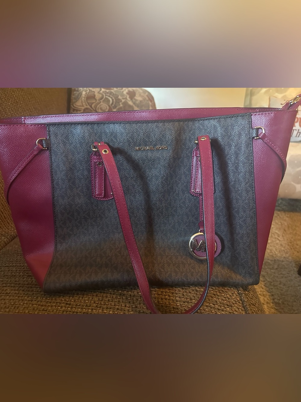 Michael Kors Black Signature Tote with Maroon Shirt Trim